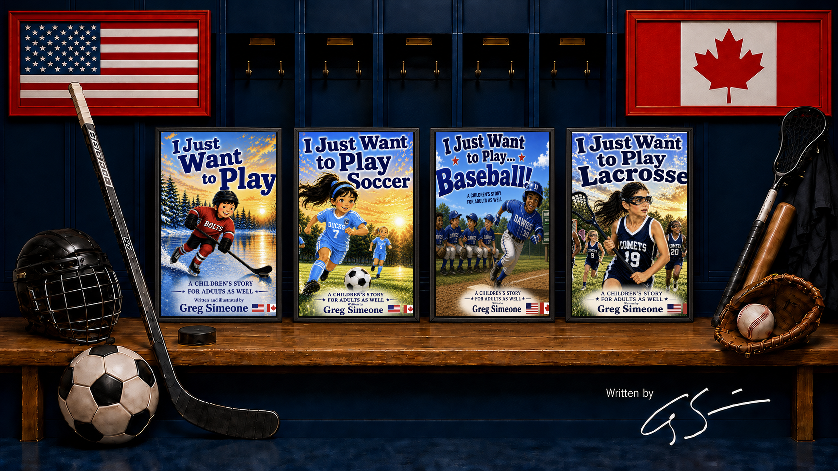 The four I Just Want to Play book covers — Hockey, Soccer, Baseball, and Lacrosse — displayed together on a locker room bench